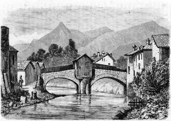 Bussoleno, ponte sulla Dora. Incisione in legno realizzata da Giuseppe Barberis (sec. XIX).