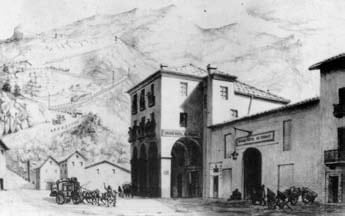 Suse, passage du Montcenis. Grand Hotel de France, disegno di Anonimo (sec. XIX).