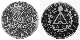 Moneta da due soldi coniata durante il periodo della Repubblica Subalpina (16 giugno 1800 - 11 settembre 1802)