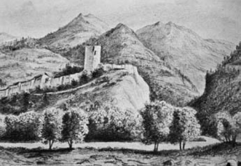 Oulx, Borgo Superiore, Torre Delfinale. Disegno di Clemente Rovere (sec. XIX)