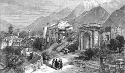 Veduta di Susa con al centro il Castello e l’Arco. Incisione in legno di I.M. (sec. XIX).