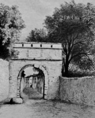 Oulx, Arco di ingresso. Disegno di Clemente Rovere (sec. XIX)