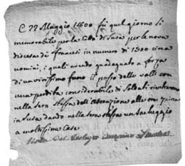 Testimonianza relativa alla riconquista di Susa da parte delle truppe Francesi (22 maggio 1800).