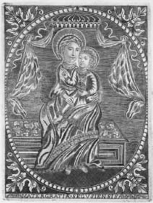Madonna con Bambino. Incisione di Carlo Andrea Rana (sec. XVIII).